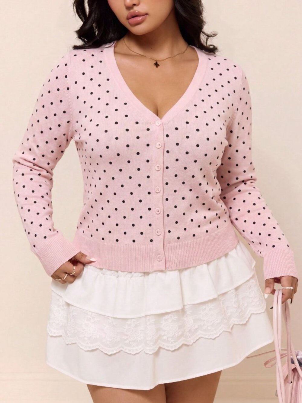 Pink Polka Dot Women's V Neck Slim Fit Long Sleeve Casual Knit Sweater